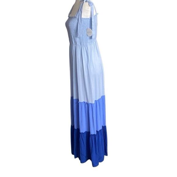 Signify Maxi Sun Dress Smocked Tie Straps Colorblock Tiered Boho Blues XL -NEW - Picture 2 of 7